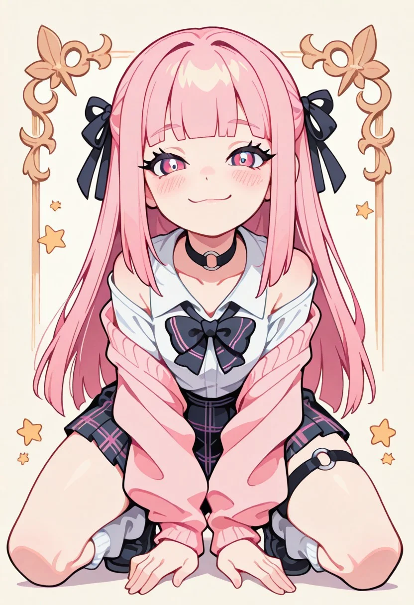 1 girl , solo , blushing , closed mouth , bratty smile , eyelashes , cute , long straight hair , blunt bangs , winking , star , ribbon , hair ribbon ,
slim , slender ,
thigh strap, choker, o-ring choker, pink cardigan, bowtie, white shirt, shirt open, tucked in, plaid skirt, pleated skirt, bare shoulder, white socks, loose socks, black footwear,
full body view, kneeling, spread legs, leaning forward,
masterpiece, best quality ,amazing quality ,S4bit4mago_illu , Protoneon ,s0wasow4rt_illu, t1m3r