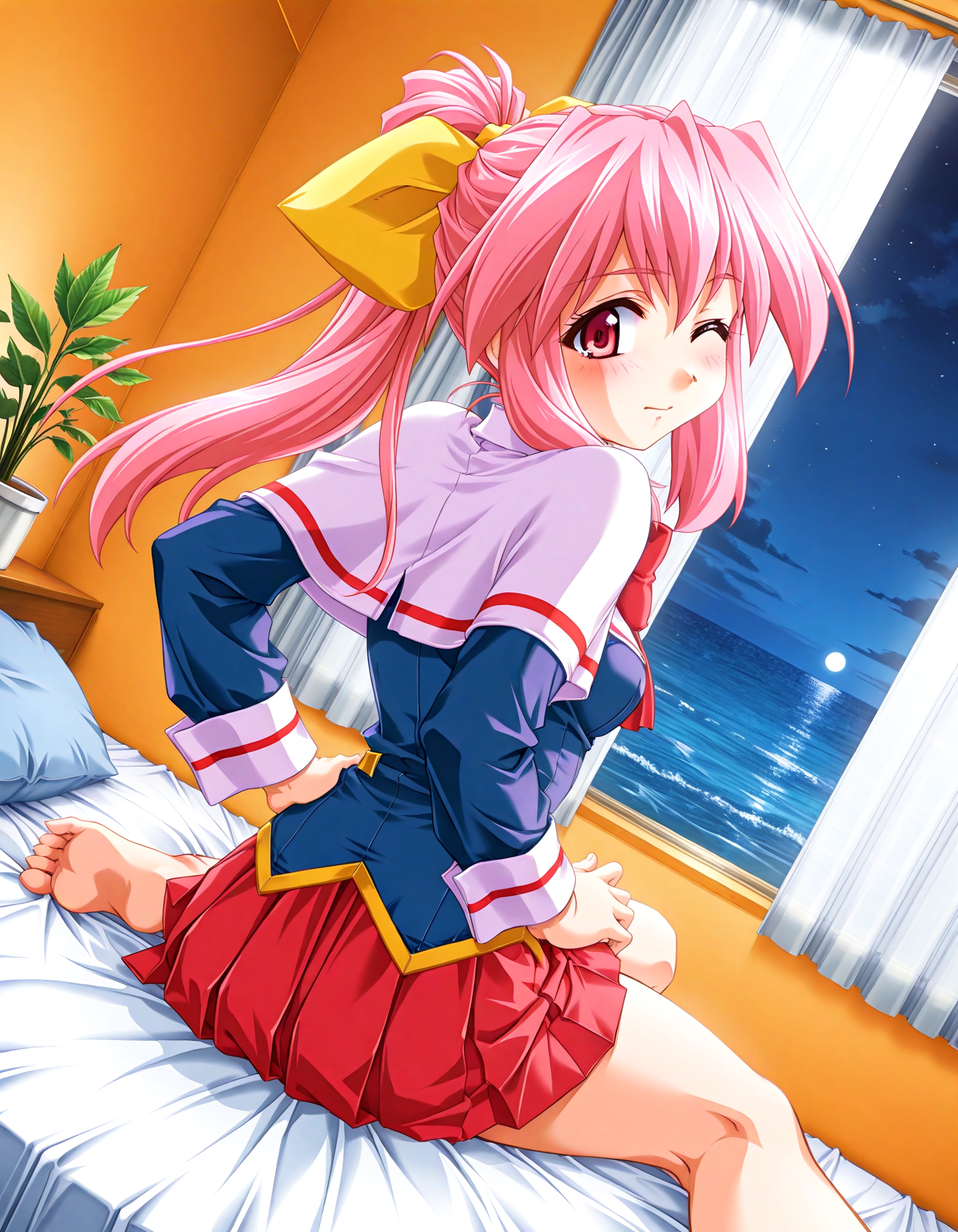 (1girl, solo:1.3), (2girls, 3girls, 4girls, multiple girls, 2boys, 3boys, 4boys, multiple boys:-1.5) <lora:Inuyama_Tsumugi_Dokusen_Illustrious:0.9>, inuyama_tsumugi, medium breasts, red eyes, pink eyes, pink hair, long hair, ponytail, hair bow, hair ribbon, yellow ribbon, school uniform, long sleeves, wrist cuffs, white capelet, capelet, red bowtie, bowtie, red skirt, pleated skirt, miniskirt shy, one eye closed, general, contrapposto, dynamic pose, hands on own hips, portrait, from behind, pov, dutch angle, indoors, hotel room, double bed, on bed, lying, (white theme:1.3), window, tall window, ocean view, curtains, plant, potted plant, flower, (perspective:0.7), barefoot, <lora:NOOB_EPSv1_1_detailer_by_vlnvk_v1_0:1.5>, (photo background:0.7), night, (tachibana yuu:0.6), inue shinsuke, (kazuma muramasa:0.0), saikawa yusa, (aoi manabu:0.6), abarerumidori, (suzui narumi:0.6), masterpiece, newest, absurdres, 8K, anime screenshot, anime coloring, flat color, official art, film grain, <lora:illustriousXLv01_stabilizer_v1.185c:0.7>, <lora:LECO_Solo:-4.0>,