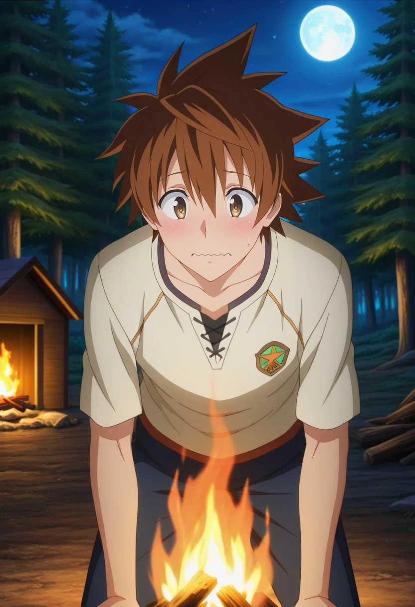 masterpiece, best quality, intricate details, anime screencap, , , , 1boy, solo, male focus, <lora:rito_yuuki_ilxl:1>, rito_yuuki, brown hair, brown eyes, spiked hair, rule of thirds, cabin, forest, campfire, night, full moon, leaning forward, wavy mouth,