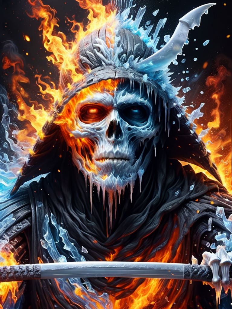 Azrael Grim Reaper | White Eyes | Classic Portrait Art Digital Oil Painting. This piece interweaves Joe Madureira's edgy lines, Avery Coleman's texture finesse, Titian's rich coloring, and William-Adolphe Bouguereau classical realism with the Renaissance brilliance of Leonardo da Vinci, and Michelangelo, creating a vibrant classical elegance  <lora:faize-sdxl:1> faize