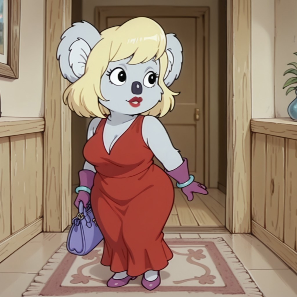 masterpiece, best quality, amazing quality, Blinkybbil, semi-anthro, male, Koala, grey fur, black eyes, red dress, purple gloves, blue bracelet, red lipstick, blonde hair, purple shoes, blue purse, inside, solo