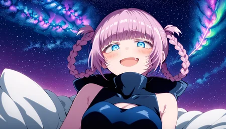 nanakusa_nazuna_xl, nanakusa nazuna \(yofukashi no uta\), anime girl with pink hair and blue eyes laying on a bed, starry sky, star \(sky\), shooting star, night, space, night sky, sky, 1girl, galaxy, sleeveless turtleneck, single braid, starry background, solo, starry sky print, braid, looking at viewer, braided ponytail, twin braids, long hair, blue eyes, turtleneck, smile, sleeveless, hair rings, aurora, open mouth, star \(symbol\), milky way, side braid, moon,
best quality, (masterpiece:1.2), highly detailed, closeup
<lora:nanakua_nazuna_xl:1.2>