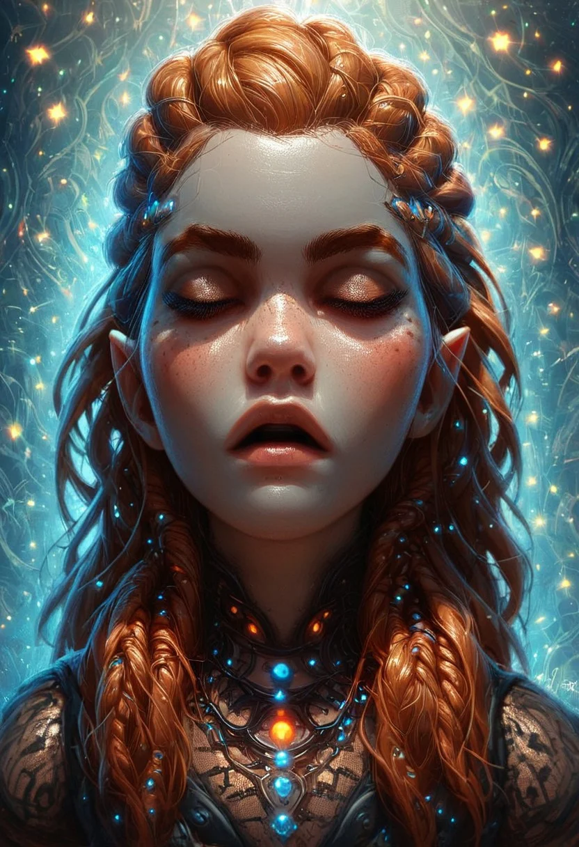 score_9,score_8_up,score_7_up,score_6_up, Digital painting style, visual effects, dramatic light, god rays, interesting background, unique background, (modeling pose; kneeling; arched back; arms up; hands behind head; closed eyes; open mouth; over head shot; perspective; dramatic angle), score_9, score_8_up, score_8, 1girl, solo,
source_game, Aloy from Horizon Zero Dawn,
ral-czmcrnbw
, her skin is faded soft in color, natural teardrop breast, a seductive and charming fashion combination of see-through fishnets bodysuit with long sleeves and a luminous Arabic flowing dress, vibrant neon colors, high detail, dynamic composition, whimsical, soft glow, fantasy setting, intricate designs, ultra-quality, magical atmosphere, radiant light, glowing patterns