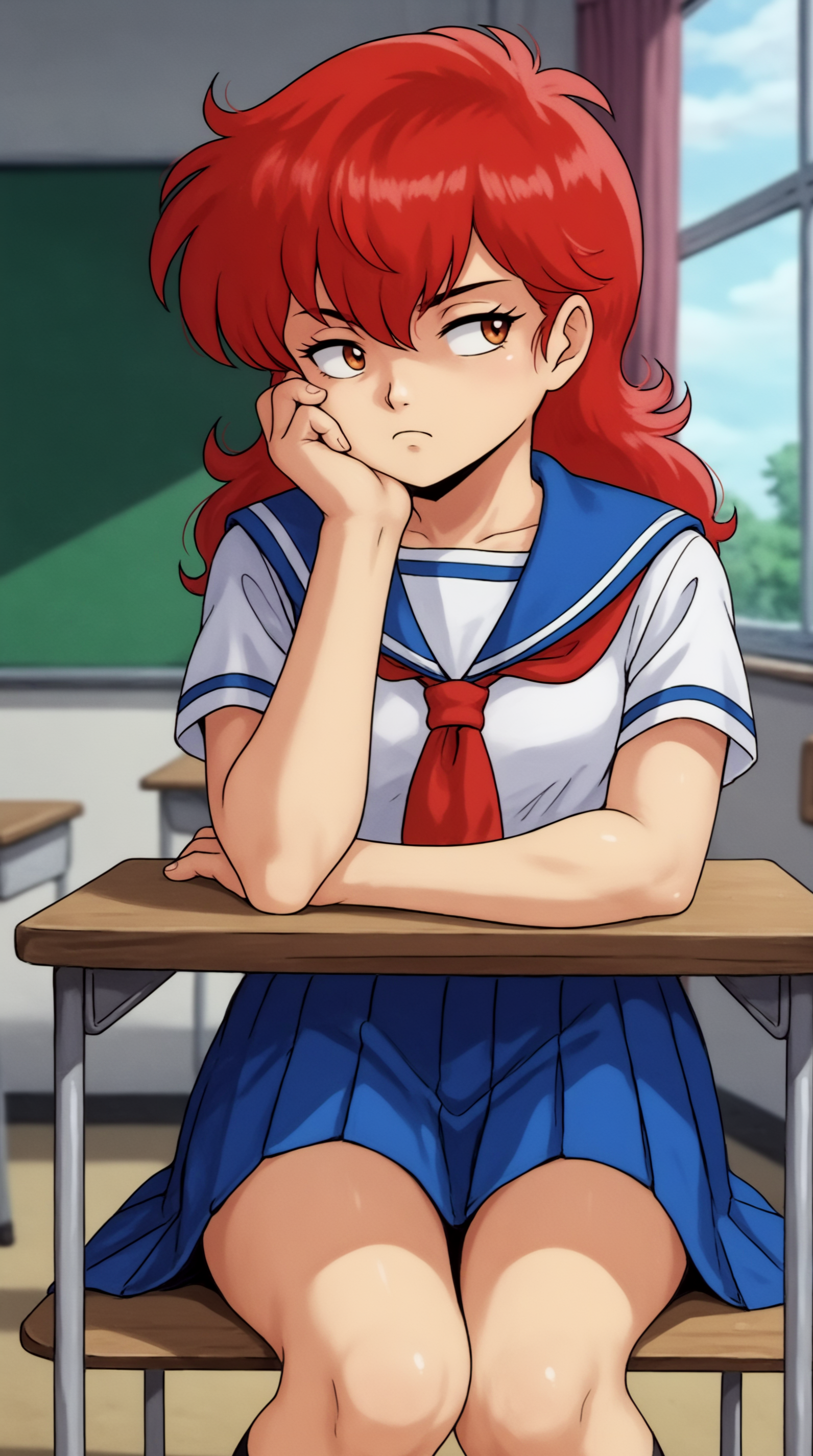 score_9, score_8_up, score_7_up, best background, detailed background, 4k, upscale, anime_source,  Eiko Magami, Student Uniform, bored, sitting, hand on cheeks, table, classroom, indoors, deep of field,  <lora:JN_Eiko_Magami_Pony:0.8>
