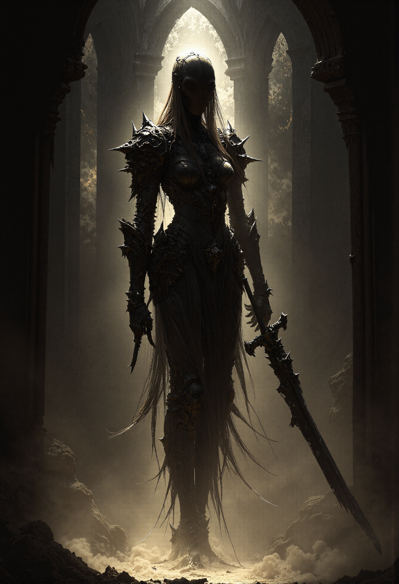 art by Ben Templesmith and hr giger, Fantasy painting of a spectral figure with a long, tattered robe, floating through the air. The ghost is illuminated with a faint beige glow, casting an eerie, ethereal light. Its robe is shredded and flowing, giving a ghostly appearance, and it holds a broken longsword, the blade fractured and jagged. The ghostâs face is shadowy and indistinct, enhancing the haunting effect. The background features a dark, gothic cathedral with towering arches and stained glass windows, shrouded in shadows. The scene is rendered in cel shading, with a dark fantasy aesthetic. The overall mood is ominous and mysterious, highlighting the ancient and worn aspects of the ghost and its surroundings. <lora:- Flux1 - vanta_black_V1.0.safetensors:0.75>,  <lora:FredFraiStyle-FLUX-Share.safetensors:1.0>,