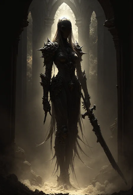 art by Ben Templesmith and hr giger, Fantasy painting of a spectral figure with a long, tattered robe, floating through the air. The ghost is illuminated with a faint beige glow, casting an eerie, ethereal light. Its robe is shredded and flowing, giving a ghostly appearance, and it holds a broken longsword, the blade fractured and jagged. The ghostâs face is shadowy and indistinct, enhancing the haunting effect. The background features a dark, gothic cathedral with towering arches and stained glass windows, shrouded in shadows. The scene is rendered in cel shading, with a dark fantasy aesthetic. The overall mood is ominous and mysterious, highlighting the ancient and worn aspects of the ghost and its surroundings. <lora:- Flux1 - vanta_black_V1.0.safetensors:0.75>, <lora:FredFraiStyle-FLUX-Share.safetensors:1.0>,
