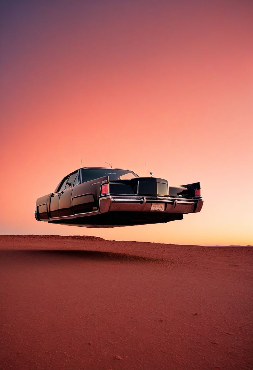 (low angle shot:1.4), an editorial photo of a black Lincoln Continental style Hovering_Car parked outside an American diner on Mars, (scene set on the planet Mars:1.2), red sky, red sands of Mars, highly detailed, retro futurism, science fiction, clean lines, fine art photography, award winning photography, film grain,