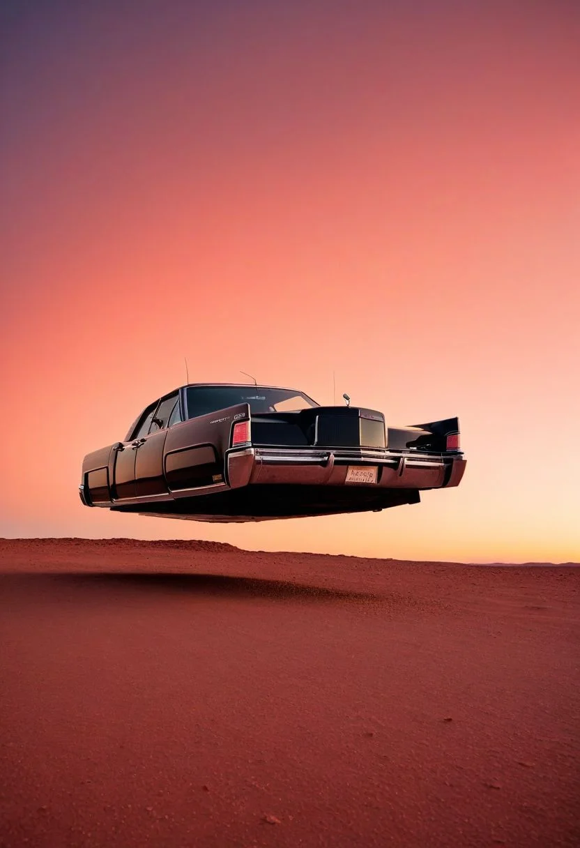 (low angle shot:1.4), an editorial photo of a black Lincoln Continental style Hovering_Car parked outside an American diner on Mars, (scene set on the planet Mars:1.2), red sky, red sands of Mars, highly detailed, retro futurism, science fiction, clean lines, fine art photography, award winning photography, film grain,