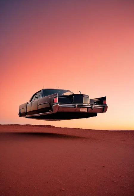 (low angle shot:1.4), an editorial photo of a black Lincoln Continental style Hovering_Car parked outside an American diner on Mars, (scene set on the planet Mars:1.2), red sky, red sands of Mars, highly detailed, retro futurism, science fiction, clean lines, fine art photography, award winning photography, film grain,