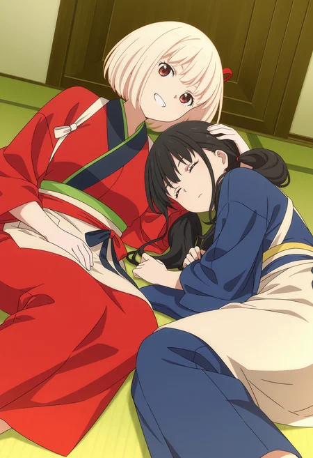 <lora:Chisato&Takina_Illustrious-000056:1>,
Takina INOUE,black hair,twintails,japanese clothes,kimono,closed mouth,
Chisato NISHIKIGI,blonde hair,japanese clothes,kimono,indoors,looking at viewer,apron,2girls,low position,from_below,closed eyes,lying,bob cut,sleeping,teeth,smile,lying on ground,sitting,hand on other's head,on side