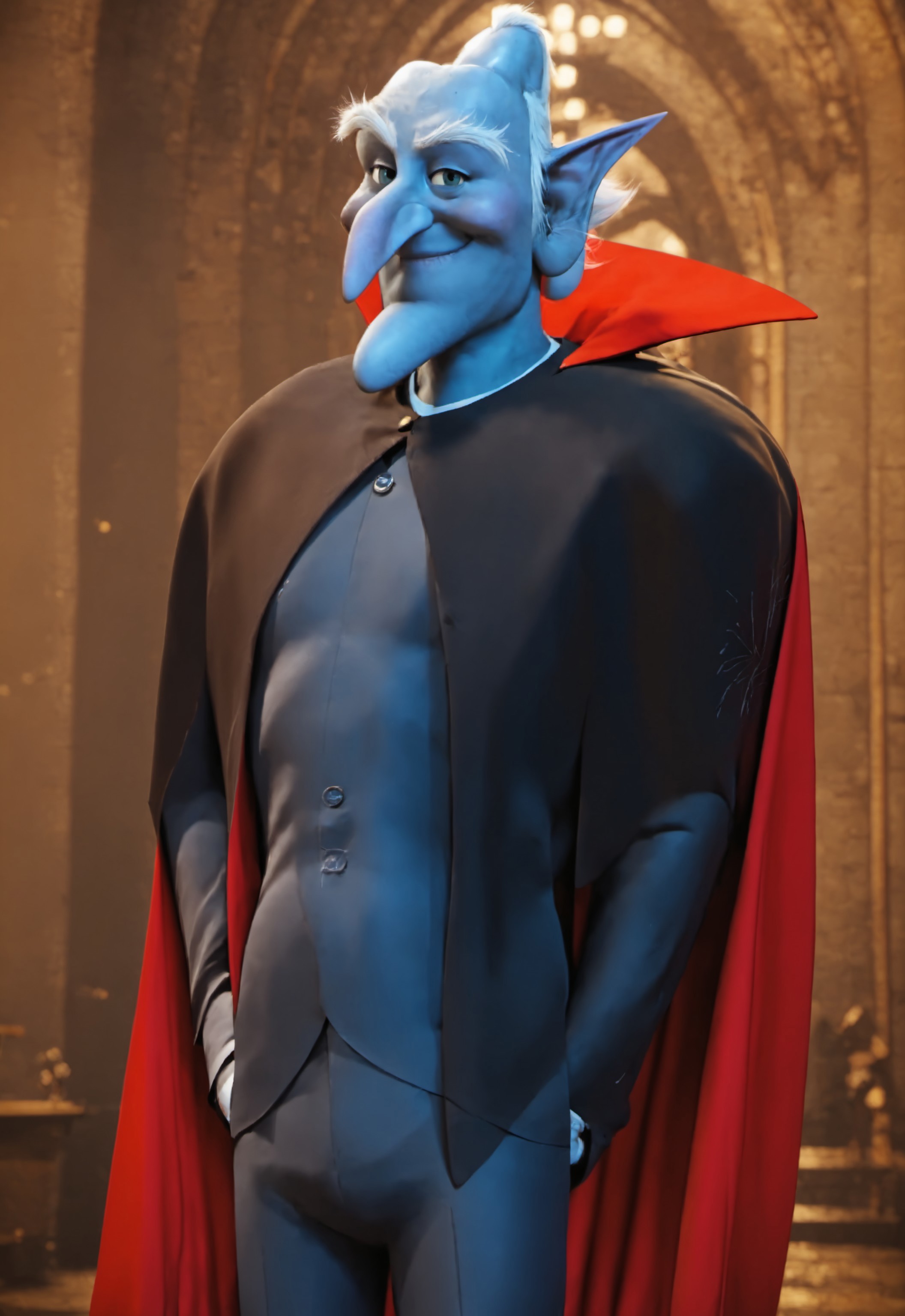 safe_pos, safe_pos, score_9, score_8_up, rating_nsfw, ultra hd, absurdres, best quality, best aesthetic, masculine, hand with five fingers, solo, 1boy, male focus, perfect proportions, erotic, mature male, handfixer

HTVlad, blue skin, cape, pointy ears, red cape, black outfit, castle background, smiling, looking at viewer, hands on hips