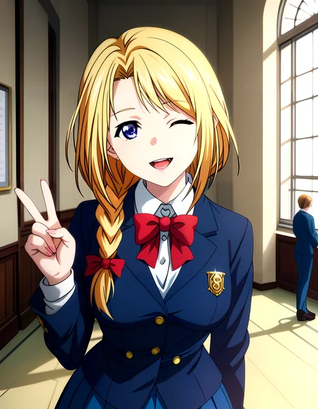 embedding:zPDXL2, score_9, score_8_up, score_7_up, BREAK source_anime,best quality, masterpiece,(anime screencap:0.5), hi res, best quality, very aesthetic, absurdres, 8k, rating_explicit, Gntk,rkmls,Fkmk,fkmk,Gtlsk,sjk,frngc,
long_eyelashes,
1girl, virgin,
narrow waist,wide_hips, hip_dips,skinny_female,
curvy,glamorous,slender,voluptuous,
large_breasts,
seductive_smile, open_mouth,
wink,one_eye_closed,, Alisa_Ichimiya,
jacket, school uniform, white shirt, single_braid, collared shirt, bowtie, miniskirt, red bow, blue skirt, blue jacket, blazer,
v,, fantasy,indoors