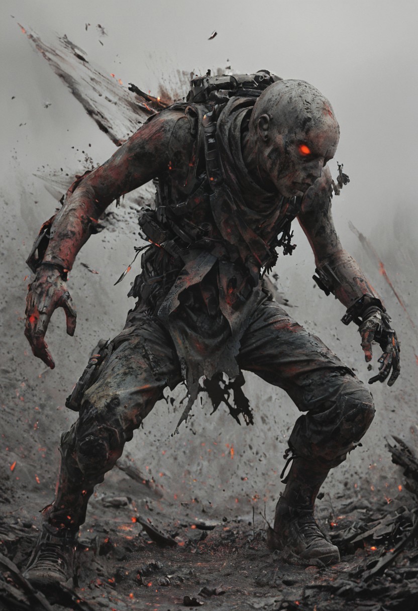 a combat cyborg, battle damaged, looking at the sunset over a faraway distopian city, colorful, muted rusted eroded paint, looking defeated,