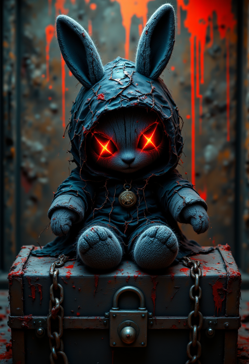 A dark and eerie gothic-style depiction of a stitched-up plush bunny with glowing red X-shaped eyes, wearing a tattered black hood, bound in heavy chains while sitting atop a worn, locked chest, set against a blood-splattered background with fiery lighting, creating an intense and sinister atmosphere, highly detailed, 4K resolution.,aidmaimageupgrader, aidmaMJ6.1, aidmafluxpro1.1 <lora:aidmaImageUprader-FLUX-v0.3:0.4> <lora:aidmaMJ6.1-FLUX-v0.5:0.7> <lora:aidmaFLUXPro1.1-FLUX-v0.3:0.7>