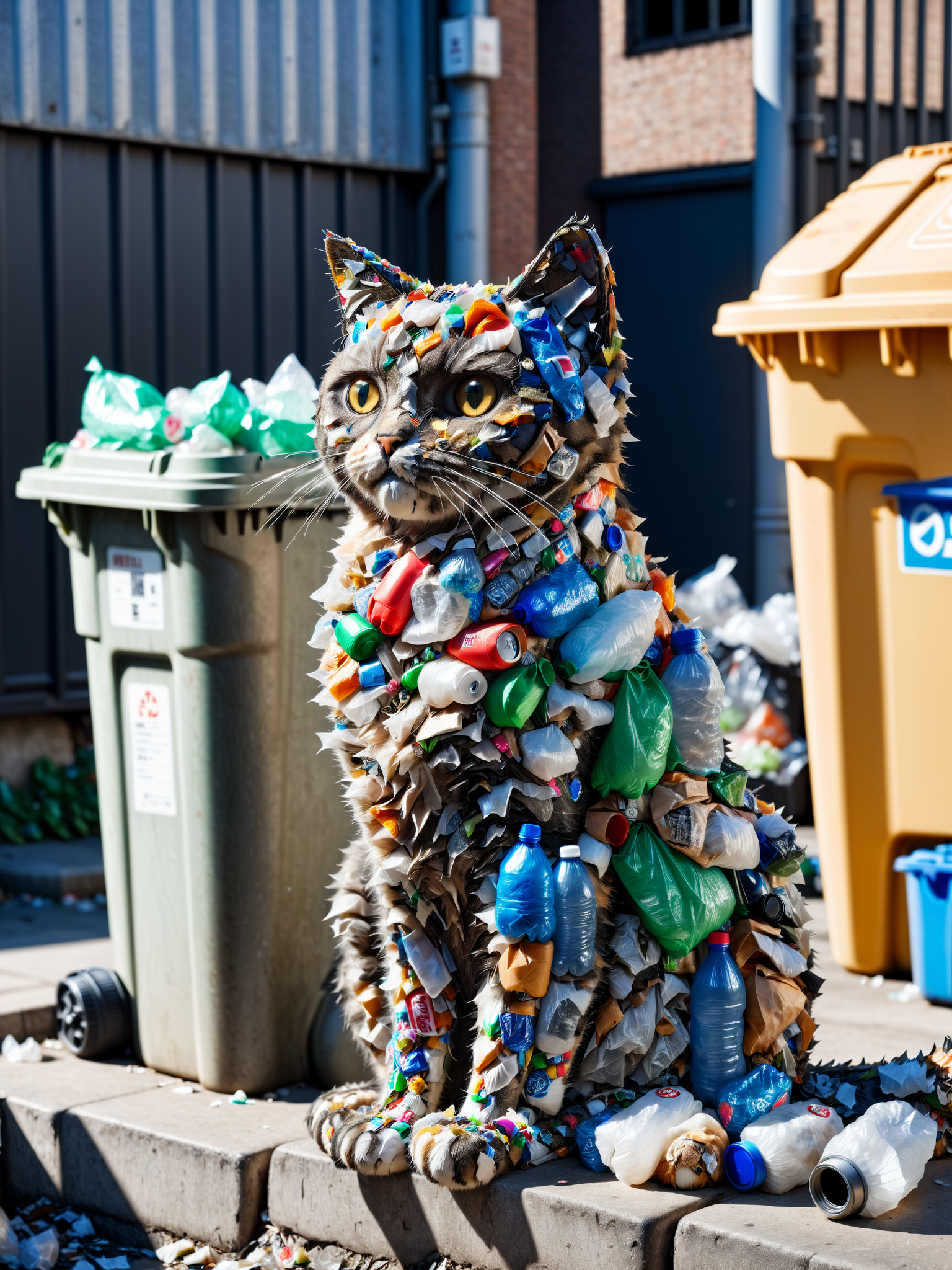 mad-garbage cat sitting in front of garbage bin<lora:Garbage_SDXL:1.0>, raw photo, film grain, Fujifilm XT3, (photorealistic, realistic:1.2), deep shadow,  8k, uhd, dslr, ultra high res