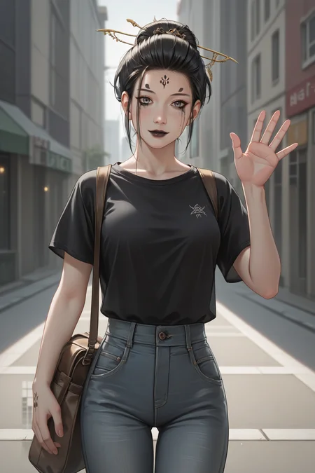 score_9, score_8_up, score_7_up, 1girl, prefect lighting, very aesthetic, intricate details, highly detailed background, masterpiece, high quality, prefect hands, best quality, solo, source_anime,
<lora:Spider_Spirit_Fourth_Sister_Black_Myth_Wukong_V1:.85>, KJOfourth, black hair, forehead mark, grey eyes, runny makeup, black lips, hair bun, hair pin,
high waist jeans, t-shirt, brown bag, ponytail,
smile, waving, head tilt, blush, looking at viewer,
city, street, clear sky,
(Beautiful, medium Breasts:1.2), natural breasts,