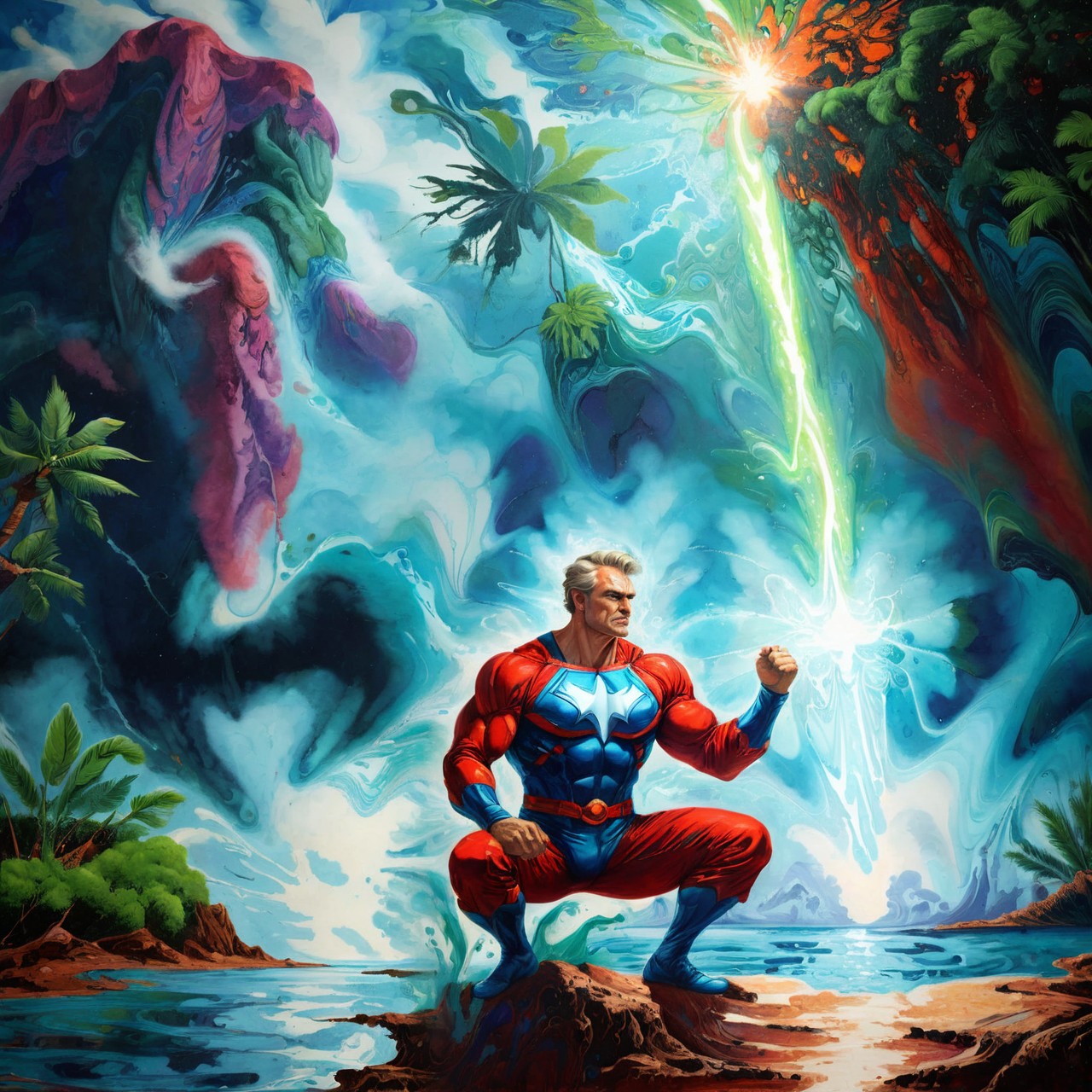 award-winning xlomrblng painting of a mature Russian male superhero squatting in a tropical landscape, glowing plasma waterspout, intricate, crisp lines <lora:xlomrblng:1>