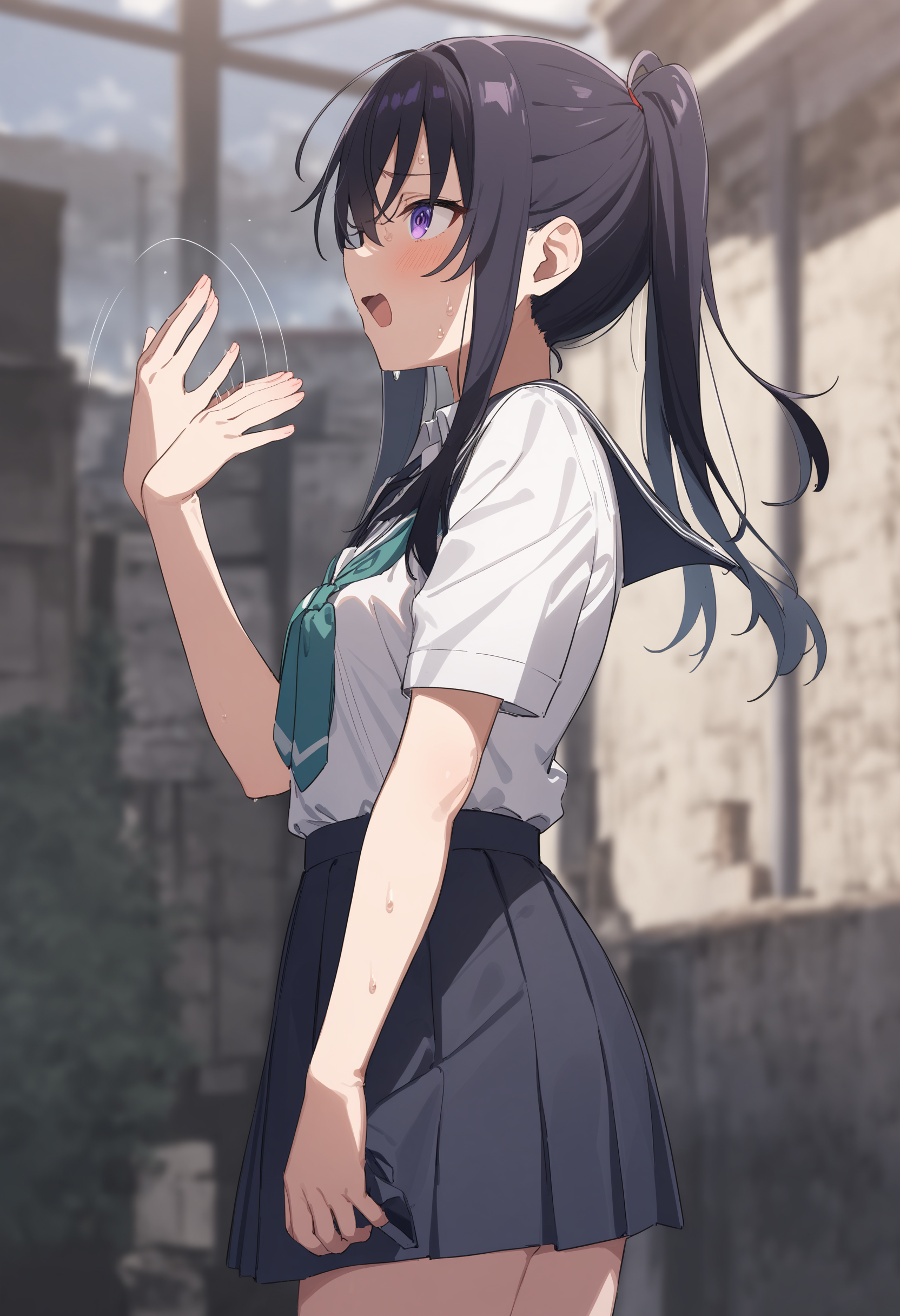 1girl,sincos, ningen mame, toosaka asagi,solo,medium breasts,school uniform,
fanning self,fanning face, hand up, motion lines, sweatdrop, sweat, hot,<lora:fanningself_XL_v1:0.9>
from side, panorama shot, looking to the side, purple hair, purple eyes,scared, slum town, open mouth,
best quality, very aesthetic, absurdres