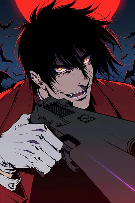 score_9, score_8_up, score_7_up, BREAK 1boy, solo, male focus, BREAK alucard \(hellsing\), red eyes, black hair, red coat, red ascot, black pants, black shirt, open mouth, evil smile, pale skin, white gloves, BREAK dark, night sky, full moon, red moon, bats, close-up, holding gun, looking at viewer, <lora:ALUCARD:0.95>