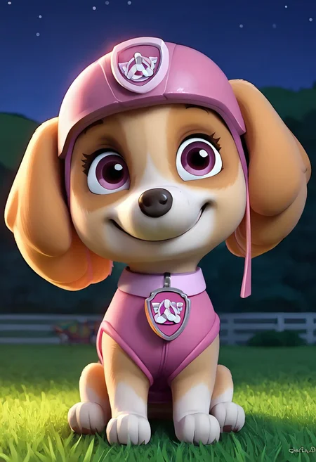 BREAK Score_9_up, Score_8_up, Score_7_up, source_anime, (sideways), skyepp, dog, feral, pink vest, pink collar, pink goggle helmet, sitting, view away from viewer, smile, night, grass,