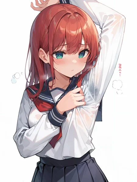 score_9, score_8_up, score_7_up,source_anime, high res image,masterpiece,best quality,(woman:1.0),cute face,clear skin,shiny hair,ultra detailed eyes,simple background, <lora:armpits smell check_pony_V1.0:0.6> armpits smell check, arm up, sniff, blush,sweat,long sleeves,school uniform