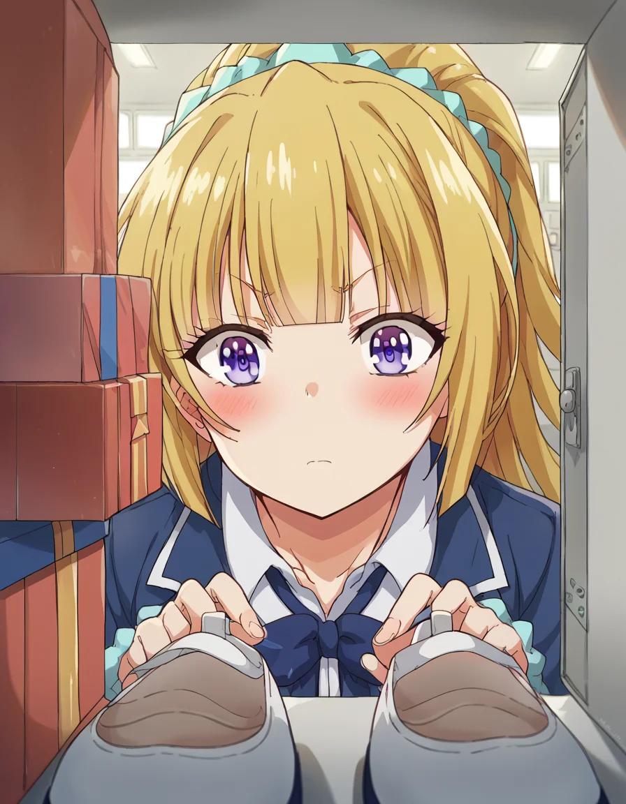 score_9, score_8_up, score_7_up, source_anime, <lora:kei-karuizawa-anime-s2-ponyxl-lora-nochekaiser:1>, kei karuizawa, long hair, bangs, blunt bangs, purple eyes, blonde hair, hair ornament, ponytail, scrunchie, blue scrunchie, medium breasts,, <lora:shoe-locker-pov-ponyxl-lora-nochekaiser:1> shoe locker pov, locker, letter, school, gift box, unworn shoes, blush,, ,