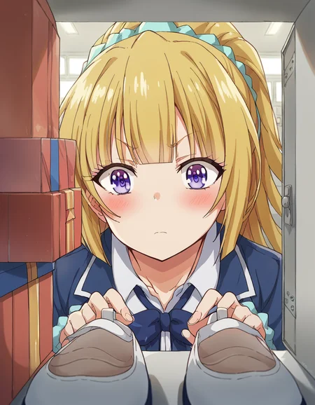 score_9, score_8_up, score_7_up, source_anime, <lora:kei-karuizawa-anime-s2-ponyxl-lora-nochekaiser:1>, kei karuizawa, long hair, bangs, blunt bangs, purple eyes, blonde hair, hair ornament, ponytail, scrunchie, blue scrunchie, medium breasts,, <lora:shoe-locker-pov-ponyxl-lora-nochekaiser:1> shoe locker pov, locker, letter, school, gift box, unworn shoes, blush,, ,