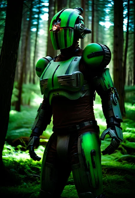 easynegative, extremely detailed, dark, chiaroscuro, low-key, AssaultronCosplay, zavy-strps, a brown assaultron robot, ((the assaultron has green stripes painted on its armor)), ((tiger stripe pattern)), in the forests of Oregon