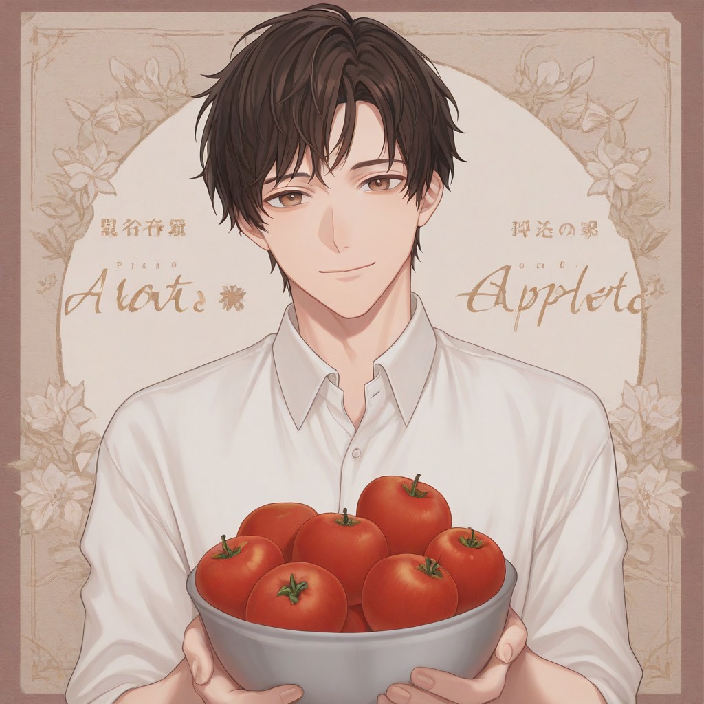 Aaotom, solo, looking at viewer, smile, brown hair, shirt, black hair, 1boy, holding, brown eyes, white shirt, upper body, flower, male focus, food, collared shirt, fruit, cover, holding food, cover page, bowl, apple, tomato, detailed cover