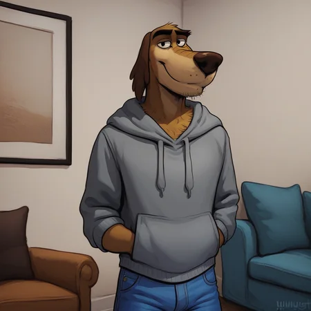 score_9_up, score_8_up, score_7_up, high quality, detailed, source_furry, male, solo male, Dukey, 1boy, broad shoulders, mature male, black eyes, athletic build, animal ears, canine, stubble, anthro, anthro male, tan body, bottom heavy, floppy ears, long snout, light tan underbelly, grinning, looking at viewer, hands in front pocket, gray hoodie, blue jeans, bust shot, half-body shot, living room, high quality