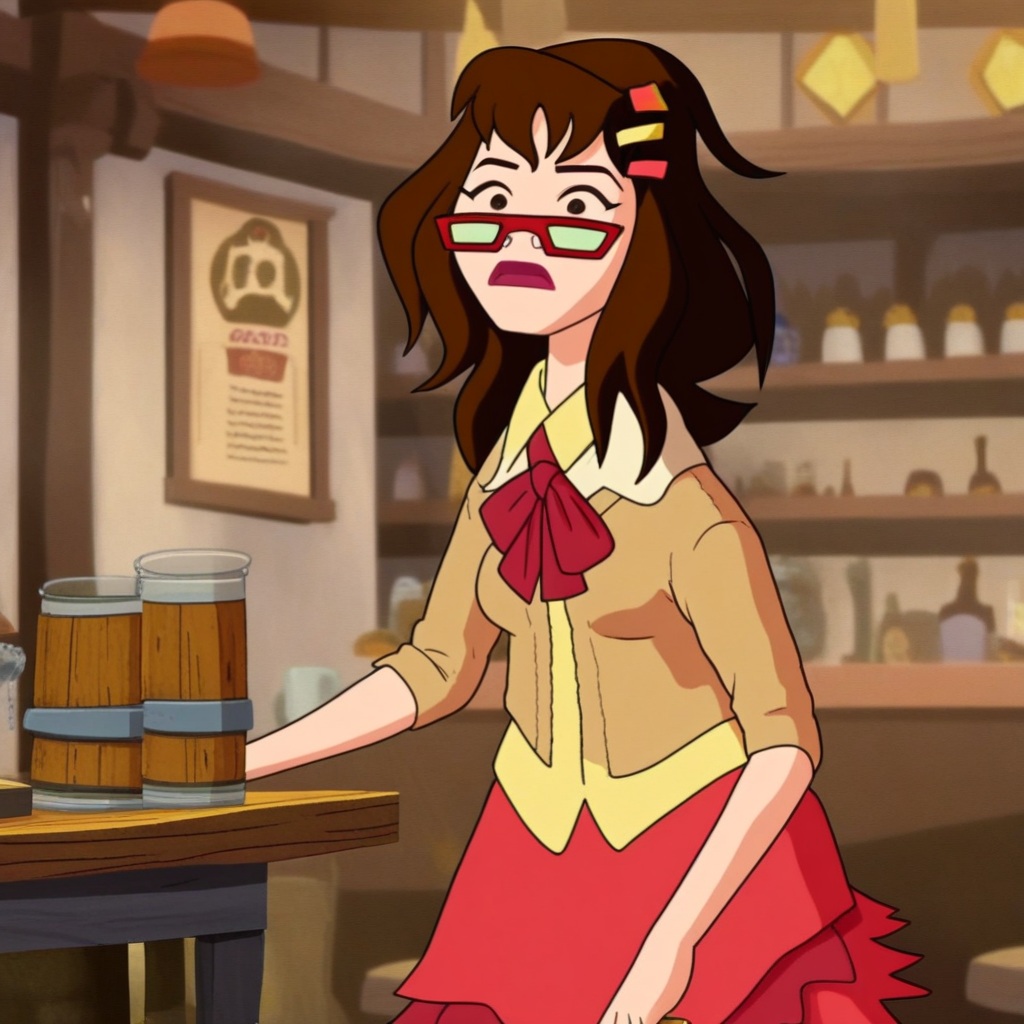 score_9, solo, marcie_f, brown hair, hairclip, glasses, skirt, hairclip, tavern