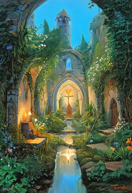Concept: A sorcerer tends a magical garden where plants evolve rapidly. The garden symbolizes natural selection, with different plant species representing the various stages of evolution.
Fantasy Trope: A mystical garden guarded by a powerful sorcerer, reflecting the biological process of evolution.
lush, overgrown, flowers, trees, roots, insects, dragonfly, butterfly, fairy, fairies, fantasy garden, d&d, fantasy, book cover, oil painting, 70s, 80s, conan the barbarian, secret garden, castle, ruins, ancient, mystic, frazetta, easley, magician, wizard, sorcerer, knight, sword, rust
