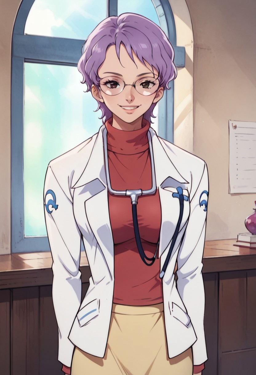 KobatoOP, 1girl, solo, purple hair, short hair, black eyes, lips, round glasses, large breast, white doctor coat, red jumper, light yellow skirt, grey shoes, knee-length skirt, lab coat, turtleneck, stethoscope,
seductive pose, sexy pose, tease,  in the spotlight,indoors,
smile,
score_9, score_8_up, score_7_up, beautiful aesthetic, very intricate, high quality details,vibrant, highly detailed, award-winning, professional,anime artwork, anime style, studio anime, athletic, curvy body, athletic girl, perky tits,large breast,perfect tits, round breasts, nipple outline,looking at viewer, pinup pose,teasing, dynamic lighting, cinematic, smug, better than you, aura of temptation, highly detailed, high resolution, masterpiece, detailed clother, detailed background, highly detailed, ((sound effects)) comic layout,