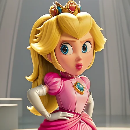blonde hair, Peach, white jumpsuit, Long white gloves, Thick lips, blonde hair ponytail, peach, pink dress