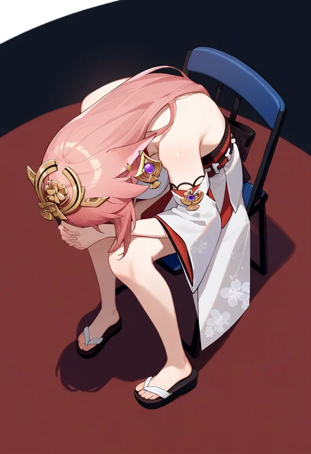 score_9, score_8_up, score_7_up, source_anime, rating_safe, solo, 1girl, yae miko, genshin impact, shinjichair, sitting, head down, chair, fox ears, hair ornament, japanese clothes <lora:concept_shinjichair_ponyXL:1>