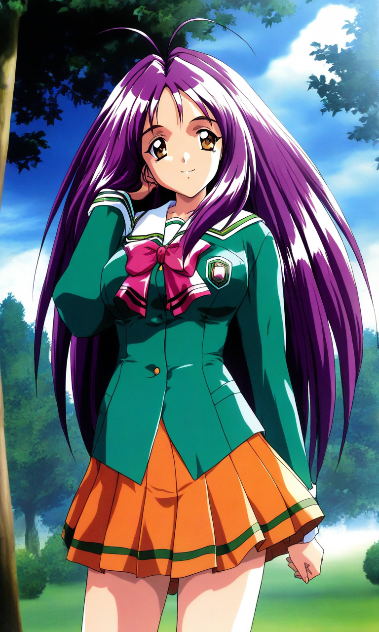general,highres, ultra-detailed,very aesthetic,best quality ,best hands, BREAK <lora:Kotobuki_Miyuki_Tokimeki_Memorial2_IS:1>
Kotobuki_Miyuki(Tokimeki_Memorial2), 1girl, solo, bangs, purple hair, long hair, brown eyes, antenna hair, breasts, 
school uniform, long sleeves, orange skirt, green shirt, pleated skirt, 
cowboy shot,
outdoor, day, sky, tree,