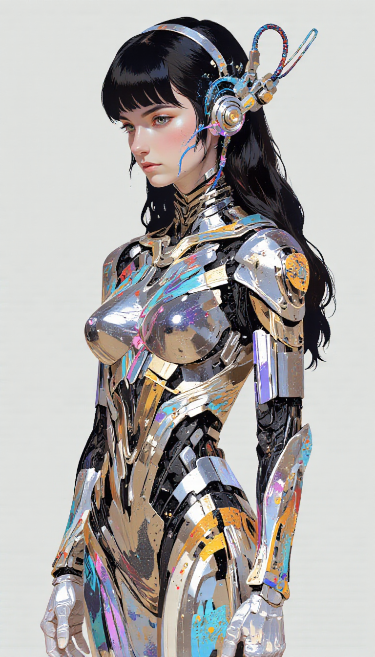 pscho_4rt,mythp0rt, A digital illustration shoot from profile about a futuristic female robot with intricate circuitry and floral patterns. the image also shows a solo female robot, who appears to be in her mid-twenties, with long black hair and a sleek, metallic body adorned with colorful, complex wires and mechanical components. on the middle of the image, a 1woman, who appear to be a young adult, with a slim body and a serious expression, is facing away from the viewer, with her upper body visible. she is wearing a futuristic, metallic bodysuit with a floral pattern, and her hair is styled in a straight, straight look with blunt bangs. her eyes are not specified, but her facial expression is not specified. her body is slim, and she has a mechanical collar. the background is a plain, light gray color.  1girl, solo, long hair, looking at viewer, simple background, black hair, closed mouth, jewelry, medium breasts, standing, collarbone, upper body, braid, grey background, robot, science fiction, cable, mechanical parts, cyborg, interface headset  camera_angle: profile, art_style: digital illustration, location: NA, background: plain light gray background, text: NA;NA, image_composition: middle;middle, clothing: metallic armor with intricate, colorful circuitry and mechanical elements, hair_color: black hair;red, distance_to_camera: upper body;upper body