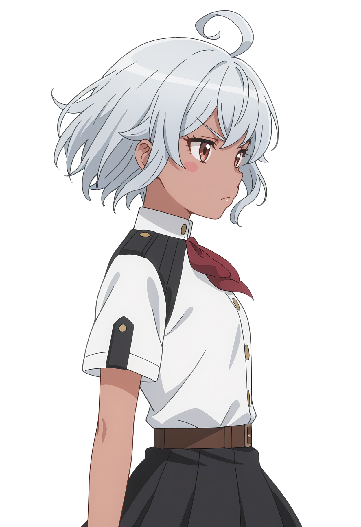 Smooth Quality,masterpiece, ultra realistic,
simple background, white background, 
from side,v-shaped eyebrows,wind, 
 <lora:AquaErisCnn:0.8>Eris/Cnn, Sist/Cnn, 1girl, ahoge, blush stickers, dark-skinned female, skirt, uniform,petite,
