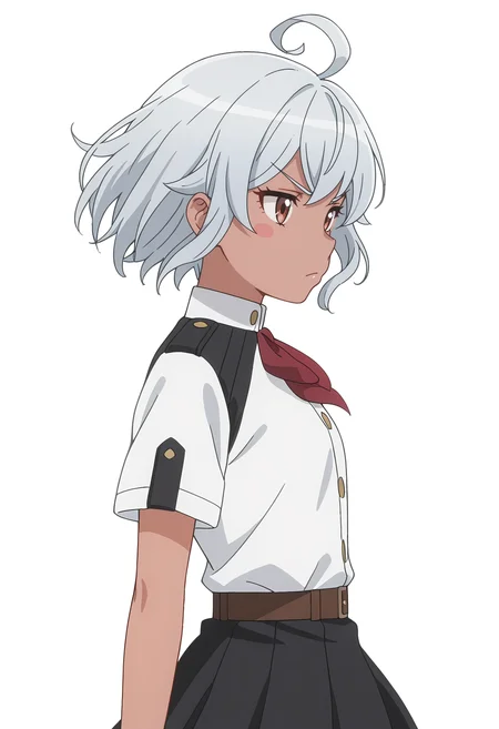 Smooth Quality,masterpiece, ultra realistic,
simple background, white background, 
from side,v-shaped eyebrows,wind, 
 <lora:AquaErisCnn:0.8>Eris/Cnn, Sist/Cnn, 1girl, ahoge, blush stickers, dark-skinned female, skirt, uniform,petite,