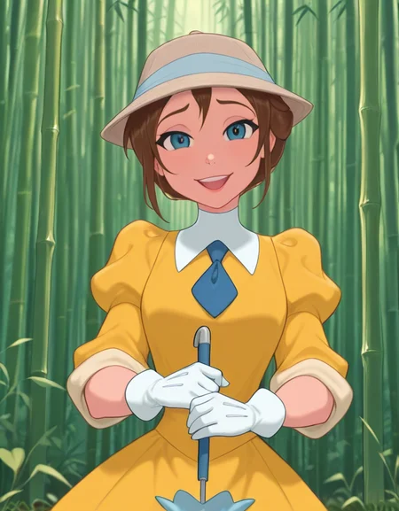 masterpiece, best quality, amazing quality, very aesthetic, absurdres, newest, detailed background, cowboy shot, 4k, 8k, outdoors, bamboo forest,
janexd, 1girl, brown hair, solo, smile, short hair, open mouth, puffy sleeves, blue eyes, yellow dress, blue necktie, looking at viewer, white gloves, hat, holding, parasol,
<lora:Jane_Porter_-_Disney_Illustrious:1>