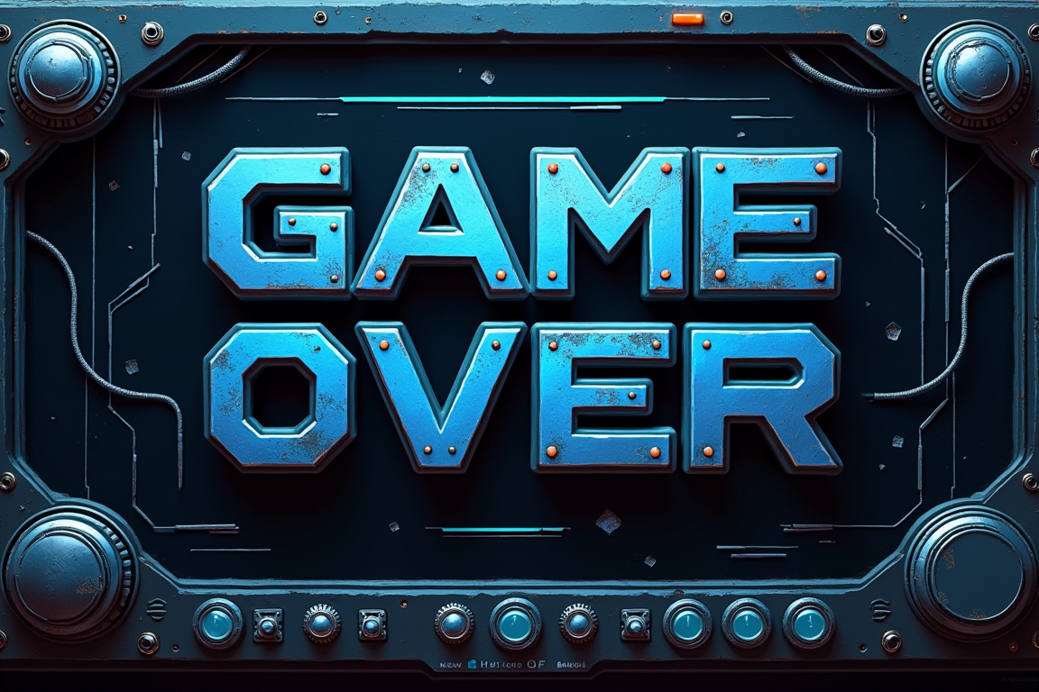 game screen with buttons in sci-fi setting, blue black white color scheme, big text "GAME OVER" made of metal plates greeble and cables