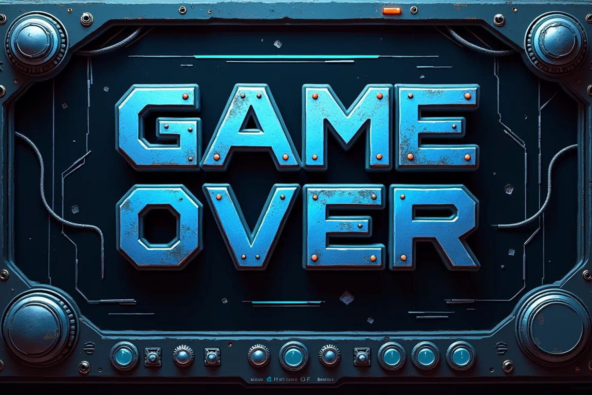 game screen with buttons in sci-fi setting, blue black white color scheme, big text "GAME OVER" made of metal plates greeble and cables