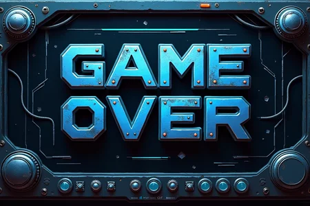 game screen with buttons in sci-fi setting, blue black white color scheme, big text "GAME OVER" made of metal plates greeble and cables