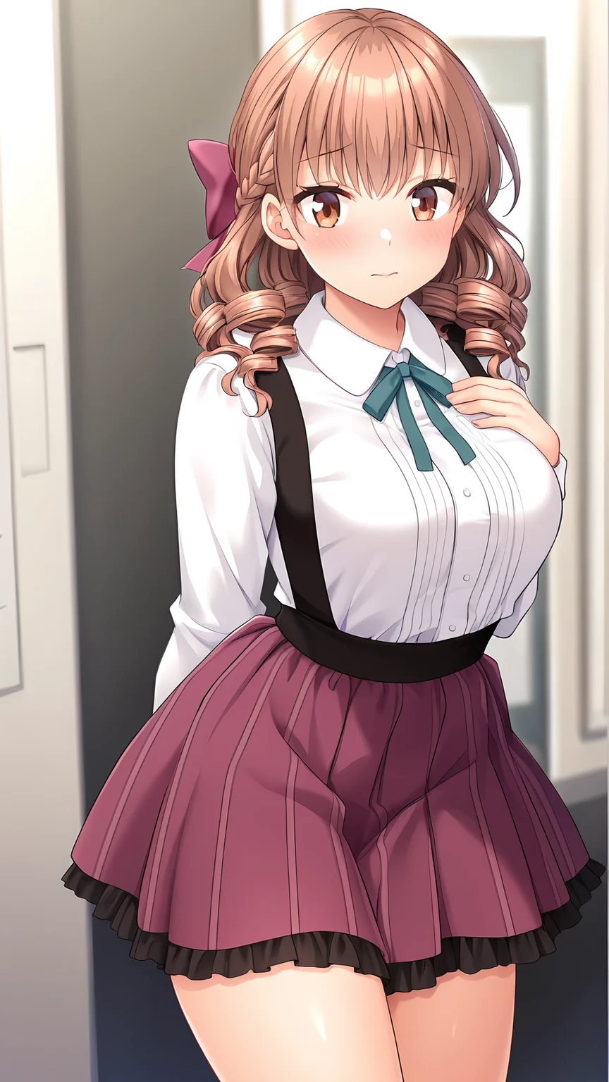 amazing quality,absurdres,best quality,masterpiece,highres,newest,detailed,detailed body,detailed face,masterpiece,best quality,solo,
äºéå èä¹,1girl,solo,breasts,skirt,brown hair,drill hair,shirt,long hair,long sleeves,white shirt,ribbon,hair bow,brown eyes,<lora:äºéå èä¹:0.8>,