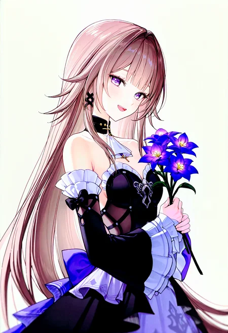 (masterpiece,best quality,newest,very aesthetic,highres,absurdres:1.2), simple background, white background, BREAK
1girl,<lora:the-herta-illustriousxl-lora-nochekaiser:0.85> the herta, the herta (honkai: star rail), brown hair, long hair, purple eyes, small breasts, bare shoulders, black dress, detached sleeves, long sleeves,
:d, blush, holding, holding flower, looking at viewer, open mouth, smile, solo, BREAK
<lora:noobai_vpred_1_masterpieces_v23:0.85>, <lora:sample:0.5> (gomzi:0.5),