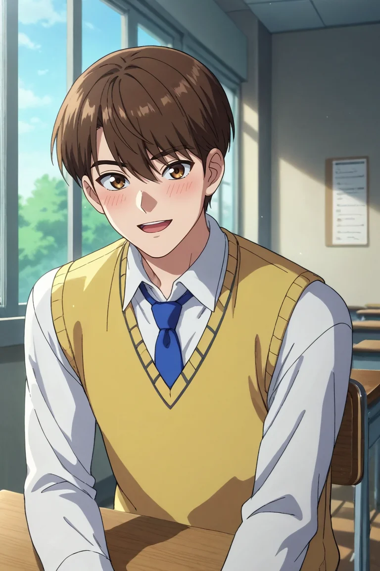 score_9, score_8_up, score_7_up,score_6_up,score_5_up,score_4_up,source_anime,BREAK, rating_safe, intricate details , , , anime screencap, anime coloring, official style, depth of field,1boy, solo, male focus , , , <lora:LeeJoon:0.77>,lee joon,brown eyes,brown hair,short hair,bangs,hair between eyes,looking at viewer,blush, smile, open mouth, shirt, long sleeves, sitting, school uniform, white shirt, upper body, :d, necktie, collared shirt, indoors, vest, window, chair, desk, blue necktie, sweater vest, classroom, school desk, school chair, yellow vest , , , <lora:sdxl_lightning_8step_lora_315544:1>