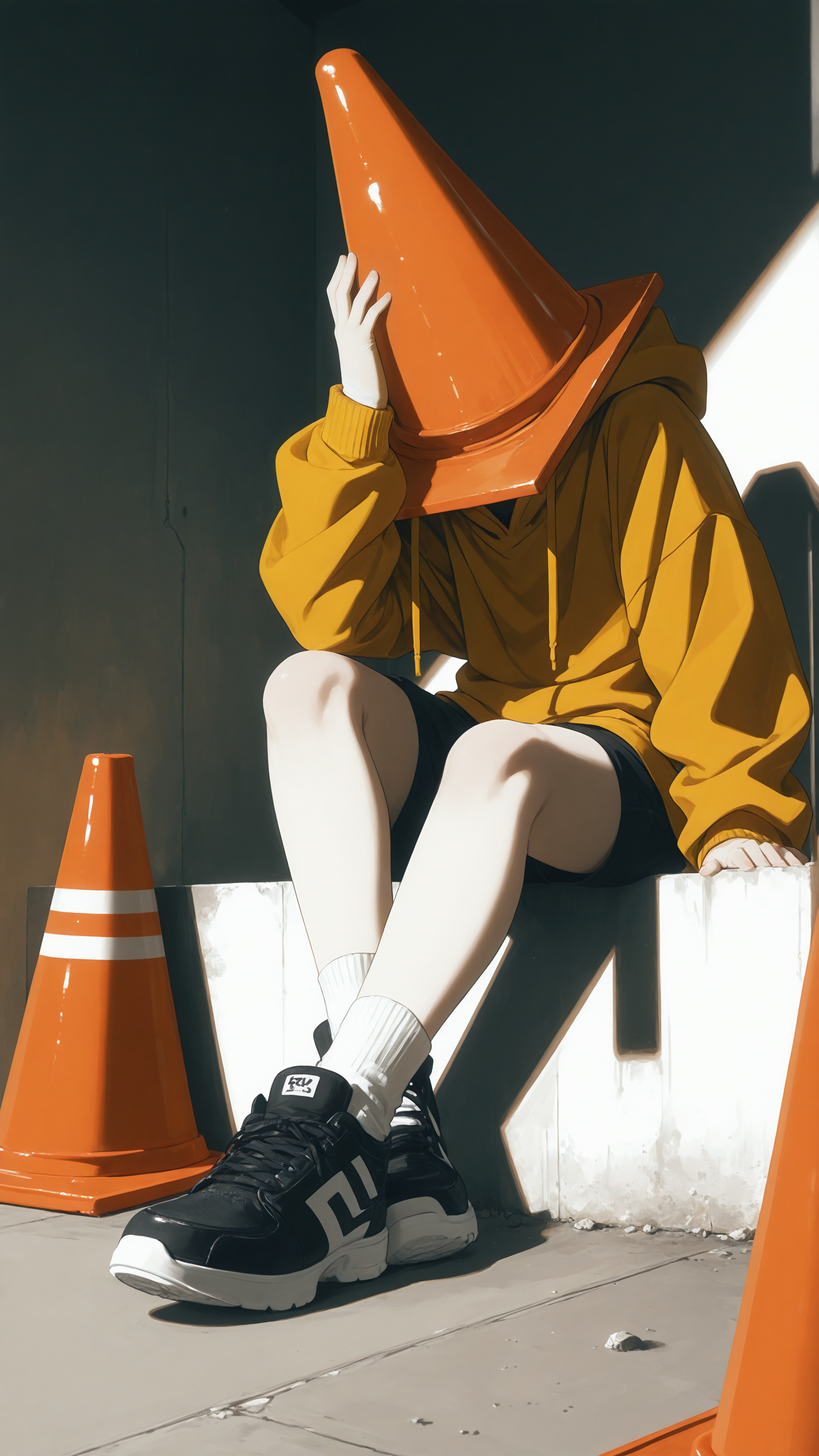 <lora:KonYa666:1> kony4666, <lora:add-detail-xl:1>,
masterpiece,best quality,
mysterious figure sitting on a ledge, wearing an oversized yellow hoodie, black shorts, white socks, black sneakers, (large traffic cone covering head:1.3), slouched posture, moody and introspective atmosphere, muted color palette, minimalist background, strong shadows creating dramatic lighting, surreal and abstract concept, urban setting, simplistic yet expressive art style, thought-provoking and melancholic tone, dynamic angle, comedic settings