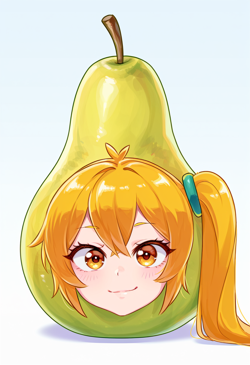 masterpiece, high quality, absurdres, pearto, akita neru, food, fruit, looking at viewer, smile, closed mouth, objectification, head only, disembodied head, <lora:pearto:1>,