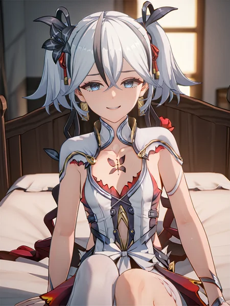 masterpiece,best quality,<lora:chun_mc_xl:0.75>,bed,sitting,looking at viewer,evil smile,teeth,shaded face,
chun,1girl,jewelry,earrings,solo,twintails,blue eyes,bangs,hair ornament,white hair,3dchun,<lora:10z_sandwich footjob_pony_v1:1>,