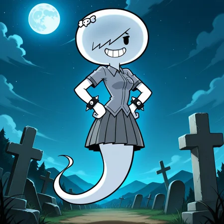 score_9, score_8_up, score_7_up, beautiful, high quality, highres, masterpiece, western cartoon, cartoon, best quality, black outline, thick outline, BREAK, solo, 1girl, full body, TallCarrie, white skin, ghost, ghost girl, ghost tail, black eyes, hair over one eye, medium breasts, slim waist, grey shirt, grey skirt, pleated skirt, spiked arm bands, smile, clenched teeth, hands on hips, looking at viewer, floating, floating in air, flying, floating above ground, BREAK, detailed background, detailed environment, outdoors, graveyard, night, night sky, cloudy sky, moon, full moon, dim lighting, tombstones, graves,
Show less